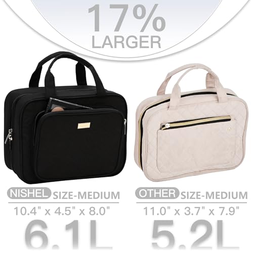 NISHEL Travel Toiletry Bag for Women, Makeup Essentials Organizer, Hanging Case for Accessories, Cosmetics, Medium Size, Black - color: Black, size: Medium
