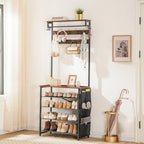 HOOBRO Hall Tree with Bench, Entryway Coat Rack with Shoe Rack, Shoe and Coat Rack, 5 Tier Shoe Storage Organizer with Oxford Fabric Side Pockets, Adjustable Mesh Shelves, Rustic Brown BF75MT01