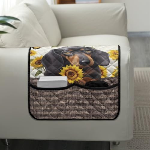 Dachshund Sunflower Butterfly Print Sofa Arm Slipcover Recliner Arm Covers with Organizer Pockets 44x20 inch Chair arm Cover Anti-Slip Furniture Protectors - color: Dachshund Sunflower Butterfly