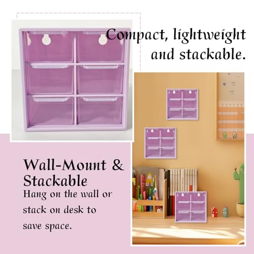 Small Drawer Organizer for Desk, 4.7" x 4.7" x 3.8" Small Desktop Organizer with 6 Drawers, Plastic Storage Box for Office, Classroom, Craft and Home Organization - color: Purple