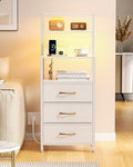 Furnulem Night Stand, White Bedside Nightstand with 4-Tier Shelves and 3 Fabric Drawers, LED Bed Side Tables with Charging Station, Tall Dresser for Bedroom, Hallway, Office - color: White, size: 3 Drawer