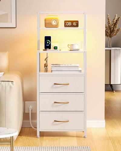 Furnulem Night Stand, White Bedside Nightstand with 4-Tier Shelves and 3 Fabric Drawers, LED Bed Side Tables with Charging Station, Tall Dresser for Bedroom, Hallway, Office - color: White, size: 3 Drawer