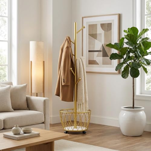 Freestanding Metal Coat Rack Stand with Basket Modern Organizer for Scarf Jacket Hat Bags Ideal for Home Entryway Bedroom Corner Stable and Moveable tree (gold) - color: gold