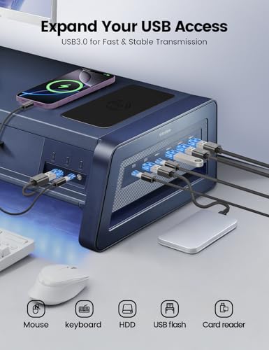 Vaydeer All-in-One Dual Monitor Stand Riser with 2 Drawers, 8USB Ports and Wireless Charging Pad with LED Light Strip for 2 Monitors , Desk Organizer for PC, iMac (Metal, 39.3 inches) - color: Dark Blue
