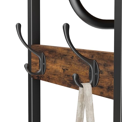 Coat Rack With Hanging Rod, Garment Rack With 3 Wooden Shelves and 4 Hooks, Freestanding Hall Tree, Industrial Clothes Rack Stand Organizer, Rustic Brown and Black - color: Rustic Brown and Black, style: with Top Shelf