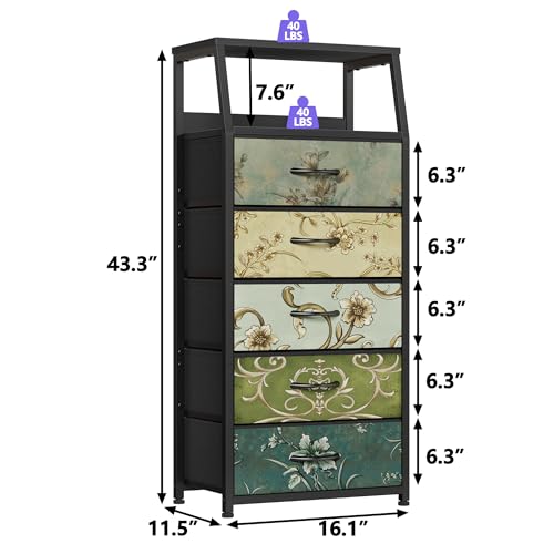 Furnulem Retro 5 Drawers Dresser, Tall Dressers for Bedroom, Closet, Hallway, Nursery, Fabric Storage Tower Organizer, Vertical Nightstand Side Table Furniture, Steel Frame, Wood Top - color: Vintage Floral, style: 5 Drawers