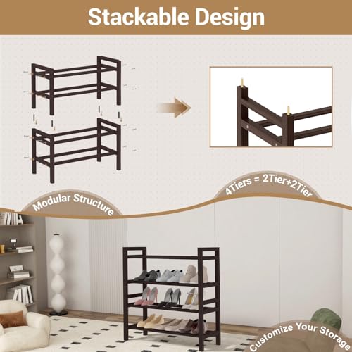 Haddockway Bamboo Shoe Rack for Closet, Free Standing Shoe Organizer with Smooth Round Rods & Convenient Handles, Stackable Shoe Storage Shelf for Entryway, Hallway(Brown, 4-Tier(Small)) - color: Brown, size: 4-Tier_Small