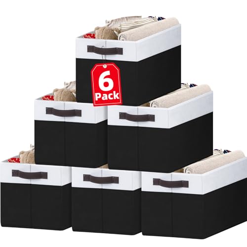 Criusia 6 Pack Closet Organizers and Storage Bins, Cute Dorm Room Essentials for Clothes Beddings Bags, Under Bed Storage Containers, Apartment Essentials Baskets for Organizing (14L*10W*9.5H) - color: White with Black, size: 6pcs - Rectangular 14"x10"x9.