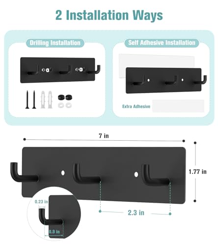 RELBRO Key Holder Wall Mount, Small Metal Self Adhesive Key Rack with 3 Hooks, 2 Installation Options, Black - color: Black