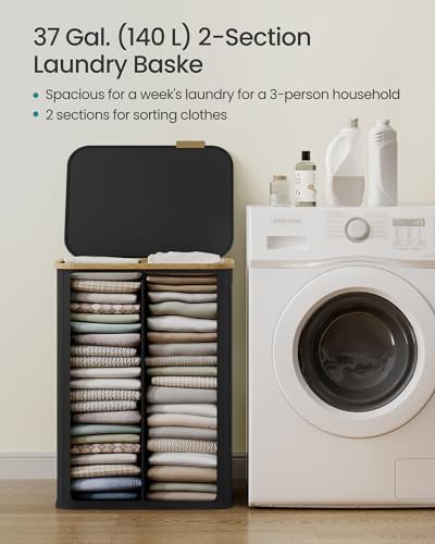 SONGMICS Laundry Hamper, Laundry Basket with Lid, Foldable Storage Basket, Bamboo Frame, for Bedroom, Living Room, Oxford Fabric, 37 Gal. (140 L), Ink Black ULCB519BH01 - color: Ink Black, size: 140 L (2-Section)