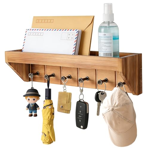 Key Holder for Wall with Mail Organizer - 12.8 Inch Wall Mounted Key Rack with 6 Key Hooks & Floating Shelf, Wooden Key Hanger for Entryway, Hallway, Kitchen, Farmhouse Home Decor (Brown)