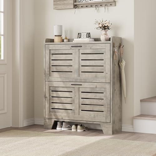 IDEALHOSUE Shoe Cabinet Storage for Entryway, Slim Shoe Storage Cabinet with 2 Flip Drawers, Freestanding Hidden Narrow Shoe Organizer Cabinet with Hooks for Entrance, Foyer, Hallway, Gray - color: Grey, size: 2-Drawers