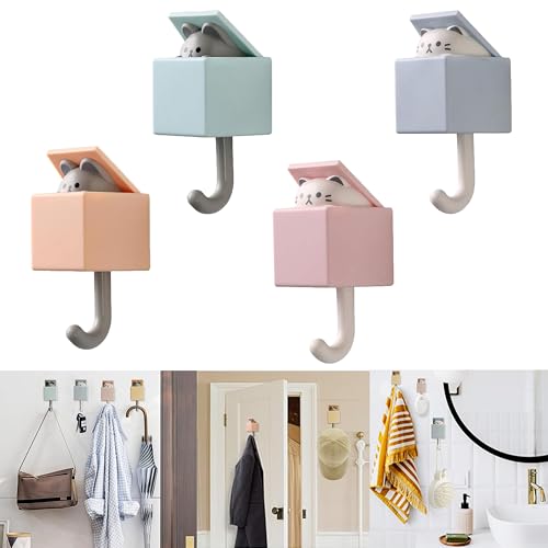 4pcs Cute Self Adhesive Towel Hooks For Bathrooms, Wall Hooks Heavy Duty For Hanging Coat, Towel,Scarf, Hat, Robes,Key,Creative Kawaii Room Decorative Cat Hook For Tiles, Glass Door or Mirror - color: 4Pcs Multicolored