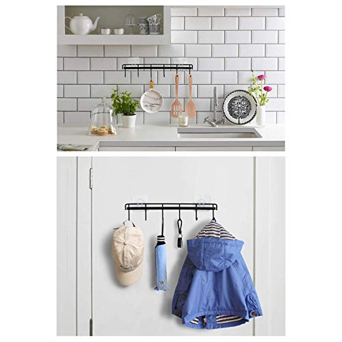 YiZhi Adhesive Wall Hooks Rack Kitchen Rail, Space Saving Utensil Holder No Drilling Wall Mounted Accessory Hanger with 6 Hooks for Kitchen Bathroom Bedroom Pack of 2 (Black) - color: Black