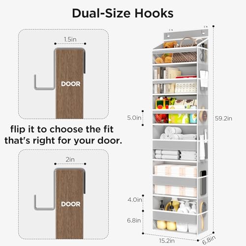 Mefirt Over The Door Organizer, 6 Shelf Door Hanging Organizers with 6 Large Capacity Pockets, Behind Door Storage Hanging Shelves for Closet Wall Bathroom Bedroom Nursery - color: Grey, size: 6-Tier