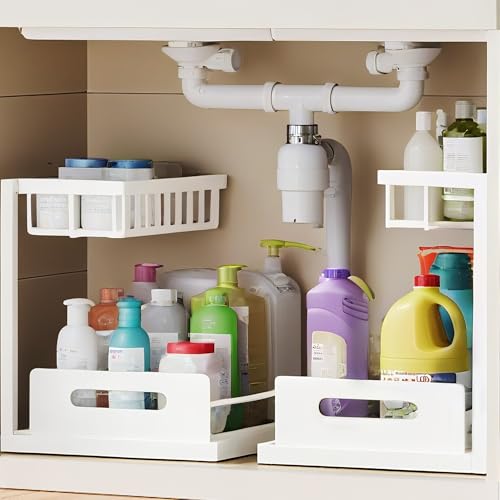 VUSIGN 2 Tier Under Sink Organizer, Slide Out Pull Out Cabinet Organizer, Cabinet Kitchen Bathroom Storage Organization Shelf, 2 Pack, White - color: White-2pcs