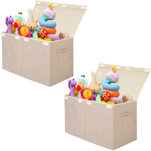 2 Pack Large Toy Box Chest Storage with Flip-Top Lid, Sturdy Kids Toy Storage Bin Boxes Container for Boys, Girls, Nursery, Closet, Bedroom, Playroom 25"x13" x16"(Linen Beige) - color: 2Pack Large Beige