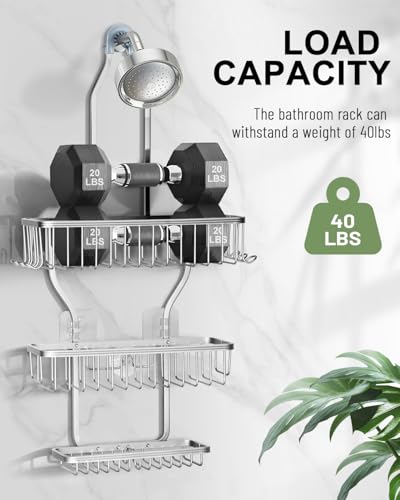 Shower Caddy Hanging - Never Rust Shower Hanging Organizer - Aluminum Over the ShowerHead Caddy with Soap Basket and 6 Hooks for Razor/Sponge (Frosted Silver) - color: Shiny Silver