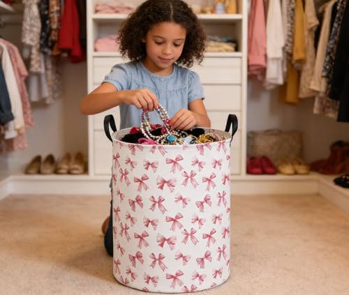 Essme Kids Laundry Basket,Pink Hamper Waterproof Storage Bin for Girls, Pink Hamper,Gift Baskets(Pink Bowknot) - color: Pink Bowknot