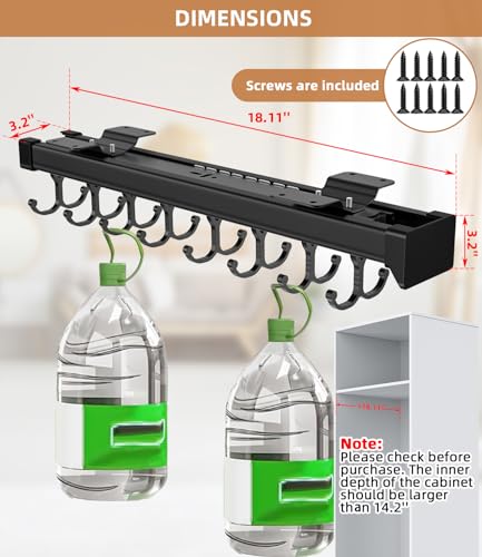 Pull Out Broom Holder With Adjustable Double Row Sliding Hook, Multifunctional Slide Broom And Mop Storage/Organizer Garage Organization Hooks, for Closet Laundry Garage Cupboard - 46cm/18.11inch - color: Black, size: 18.11 inches