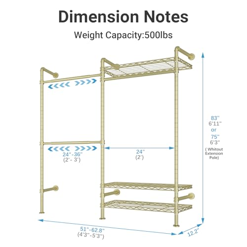 Timate F2 Industrial Pipe Clothes Rack Wall Mounted Clothing Rack for Hanging Clothes, Expandable Garment Rack Heavy Duty Wardrobe Closet Organizer and Storage, Adjustable Industrial Closet Kit, Gold - color: Gold, style: Timate F2