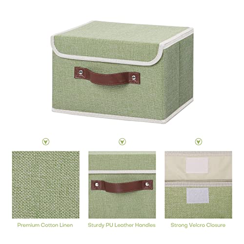 ANMINY Storage Bin with Lid Storage Boxes with PU Leather Handles PP Plastic Board Decorative Foldable Lidded Cotton Linen Fabric Home Cubes Baskets Closet Organizer Container - Green, Small Size - color: Mint Green, size: Small (Pack of 1)