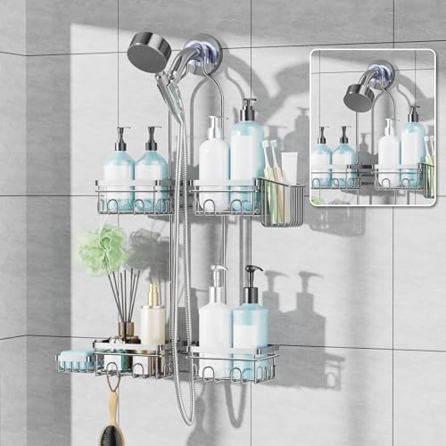 KEGII Shower Caddy Hanging for Handheld Showerheads, Rustproof Hanging Shower Organizer with Soap Dish, Toothbrush Holder and Hooks, Over Showerhead Caddy for Bathroom, Silver - style: Silver – 2-Tier Hanging Shower Caddy