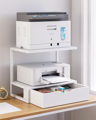IBUYKE 2 Tier Desktop Printer Stand,Printer Table with Storage Shelf,Multi-Purpose Desk Organizer for Folders,Books,for Fax Machine, Scanner,Home Office,White TLJ015W - color: White