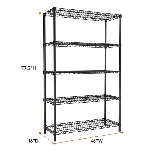 SINGAYE 5 Garage Heavy Duty Shelving Unit Kitchen Pantry Close Home Organizers and Storage Bathroom Shelf Laundry Room Organization Industrial Book Metal Wire Adjustable Shelves - color: Black, size: 5-Tier 18"D X 46"W X 77.2"H