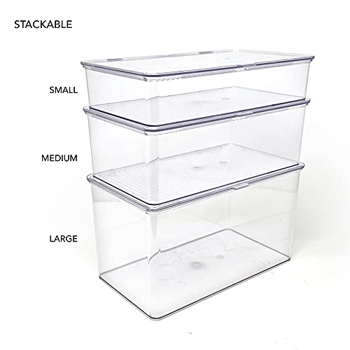 Isaac Jacobs Medium Stackable Organizer Bin (10.75”x6.5”x3.7”) w/ Hinged Lid, Clear Storage Box, Home, Office, School, Fridge, Bathroom, Kitchen, Pantry Container, BPA-Free, Food Safe (Medium, Clear) - size: Medium
