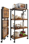 Garvee Large 4-Tier Wooden Folding Storage Shelf Cart with Locking Wheel, Expandable Kitchen Organizer Rack, 100 Lbs Loading Heavy Duty Garage Shelving, Easy Foldable No Assembly Required