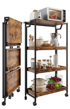 Garvee Large 4-Tier Wooden Folding Storage Shelf Cart with Locking Wheel, Expandable Kitchen Organizer Rack, 100 Lbs Loading Heavy Duty Garage Shelving, Easy Foldable No Assembly Required