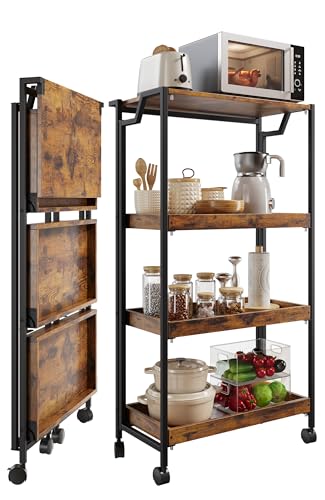 Garvee Large 4-Tier Wooden Folding Storage Shelf Cart with Locking Wheel, Expandable Kitchen Organizer Rack, 100 Lbs Loading Heavy Duty Garage Shelving, Easy Foldable No Assembly Required