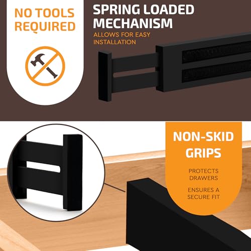 6-Pack Drawer Dividers - 2.6 Inches High, Adjustable 16 to 22 Inches Bamboo Drawer Organizer, Large Expandable Separator for Clothes, Dresser, Bedroom, Bathroom, Baby, Office, Kitchen Utensils, Black - color: Black