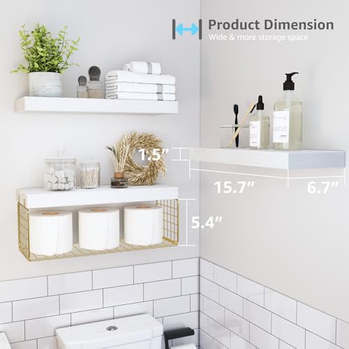 QEEIG Bathroom Shelves Over Toilet - Wall Mounted Floating Shelves Toilet Paper Storage Small Modern Decor Shelf 16 inch Set of 3, White and Gold (019-WG3) - color: G. White & Gold, size: 3pcs