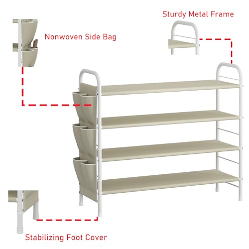 SUOERNUO Shoe Rack Storage Organizer 4 Tier Free Standing Metal Shoe Shelf Compact Shoe Organizer with Side Bag for Entryway Closet Bedroom,Beige - color: Beige, size: 4 Tier