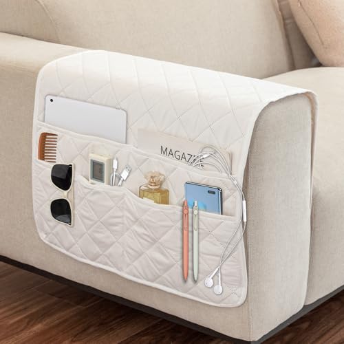 Remote Control Holder for Recliner,Non Slip Armchair Caddy,Sofa Armrest Storage Organizer for Recliner Couch With 6 Pockets for TV Remote,Cell Phone,Magazine - color: Off-White