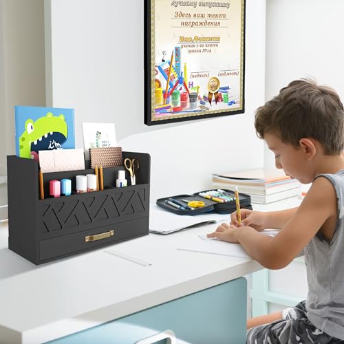 WISUCART Bamboo Mail Organizer Countertop Wood Desk Organizer Drawer Tabletop Storage Box Letter Sorter Makeup Organizer for School Home Office Supplies Black - color: Black