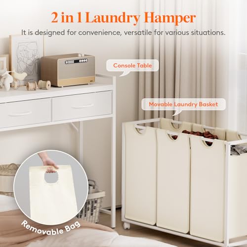 Lifewit Laundry Hamper 3 Section, Large Rolling Laundry Sorter with Shelf & 2 Drawers, Pull-Out Laundry Basket Organizer with Wheels and Removable Bag for Laundry Room Bathroom, White and Beige - color: White