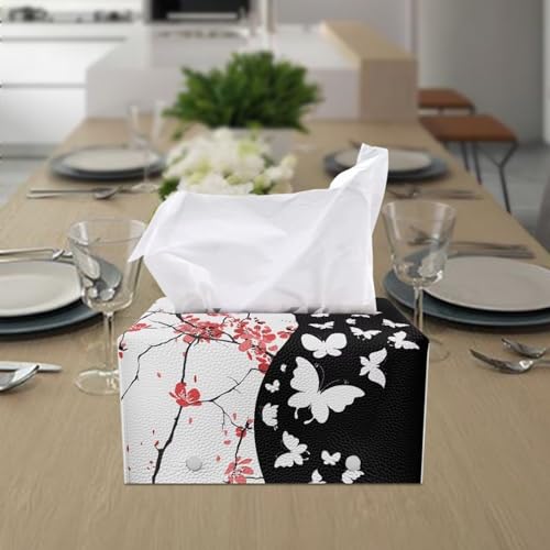 Butterfly Rectangle Tissue Box Cover Modern PU Leather Rectangular Tissue Box Waterproof Tissue Cover Decorative Holder Organizer for Bathroom Vanity Countertop - color: Butterfly Sakura