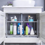 FlagShip 2 Tier Under Sink Organizers and Storage Rack Expandable Cabinet Shelf for Kitchen Bathroom Silver (17-25 inches)