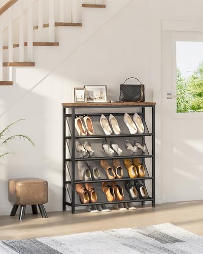 CHOEZON Shoe Rack, 5-Tier Slanted Shoe Storage Shelf, Narrow Shoe Rack for Entryway, Shoe Organizer with Adjustable Feet, Slim Shoe Shelf with Wooden Top and Metal Frame Rustic Brown and Black TXJ02BF - color: Rustic Brown, Black, size: 29.5"L x 7.9"W x 4