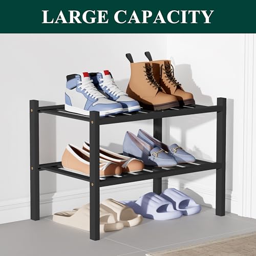 Smiry Bamboo Shoe Rack for Closet, 2 Tier Small Wooden Stackable Shoe Organizer, Free Standing Shoes Storage Shelf for Entryway, Front Door Entrance, Black - color: Black, size: 2 Tier - Small