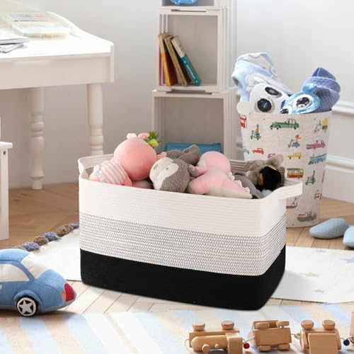 OIAHOMY Large Blanket Basket, 65L Cotton Rope Woven Laundry Basket, Toy Bin for Baby Room, Container for Blanket Storage in Living Room, 20''×16''×12'', Gradient Black - color: Gradient Black, size: 65L
