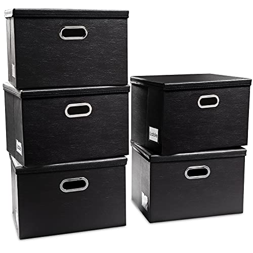 PRANDOM Foldable Storage Bins with Lids [5-Pack] Leather Fabric Collapsible Storage Boxes Organizer Containers Baskets Cube with Cover for Bedroom Closet Office Nursery Black (14.9x10.8x10) - color: Black, size: Medium(5-Pack)