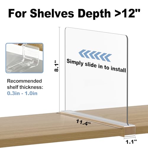 Purse Organizer for Closet Shelf Dividers: 6-Pack Adjustable Clear Acrylic Bag Storage Organizer for Handbags, Sweaters, Towels, Jeans and Shoes on Wood Shelves - color: Clear:6-pack, size: Standard: 8" Tall x 12" Deep