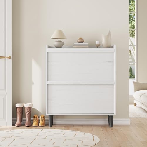 GarveeHome Shoe Cabinet with 2 Flip Drawers, Wooden Shoe Organizer with Adjustable Shelf, Shoe Storage for Entryway, Hidden Shoe Cabinet for Hallway, Living Room, White - color: White, size: 2-Drawers