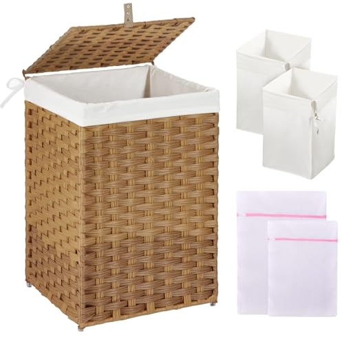 GREENSTELL Laundry Hamper with Lid, 60L Clothes Hamper with 2 Removable Liner Bags & 2 Mesh Laundry Bags, Handwoven Synthetic Rattan Laundry Basket for Clothes, Toys in Bathroom, Bedroom Natural - color: Natural, size: 60L (13.4 x 13.4 x 21.7 inches)