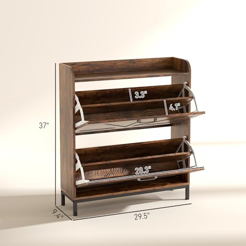 HOMCOM Shoe Storage Cabinet with 2 Flip Drawers, Legs, Farmhouse Freestanding Narrow Shoe Cabinet, Slim Hidden Rack Organizer for Entryway, Hallway, Rustic Brown Wood Grain - color: Rustic Brown