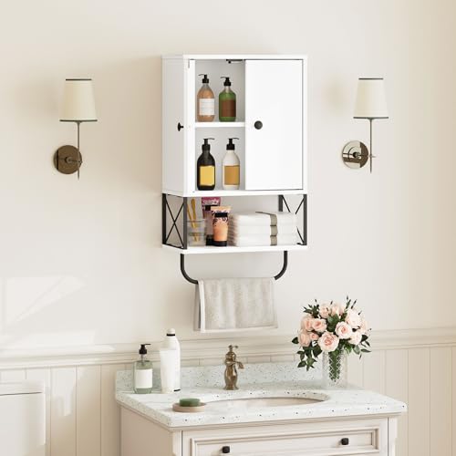 MAHANCRIS Bathroom Wall Cabinet with 2 Door and Adjustable Shelf, Farmhouse Medicine Cabinet with Towel Rack, 3-Tier Wall Mounted Storage Cabinet Over The Toilet for Bathroom Laundry Room, White - color: White, size: 15"L x 7.9"W x 26.1"H